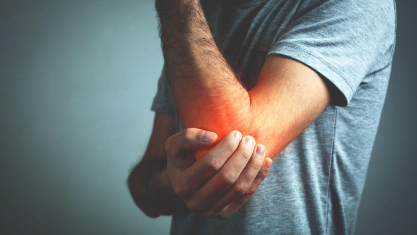 Woman gripping her painful ankle with red inflammation highlight on the joint Man holding his elbow with red inflammation highlight indicating joint pain
