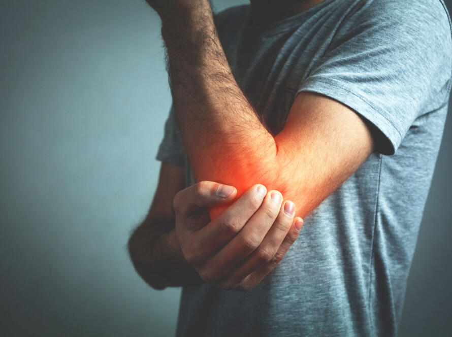 Woman gripping her painful ankle with red inflammation highlight on the joint Man holding his elbow with red inflammation highlight indicating joint pain