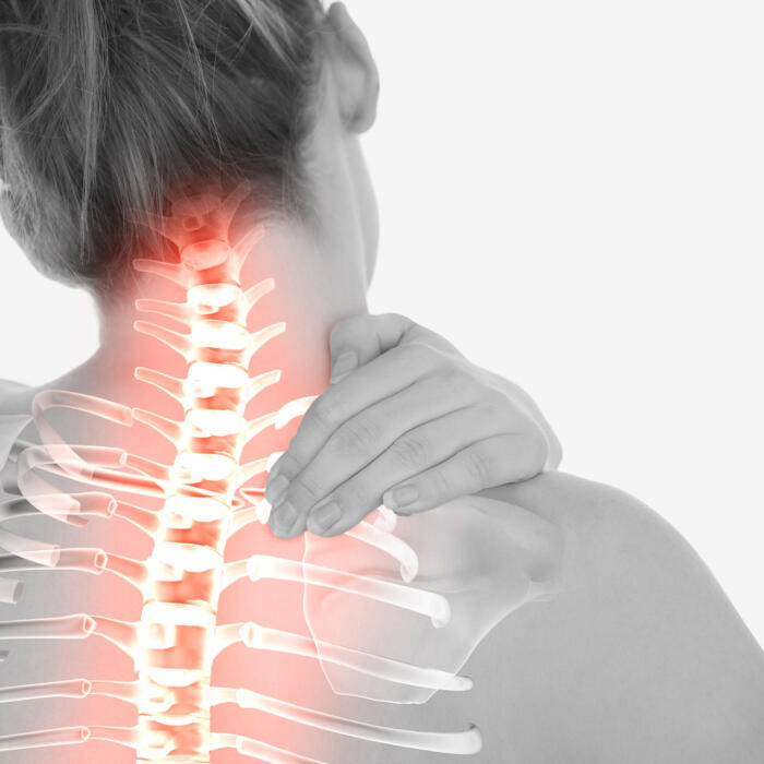 Neck and spine pain highlighted in red anatomical overlay