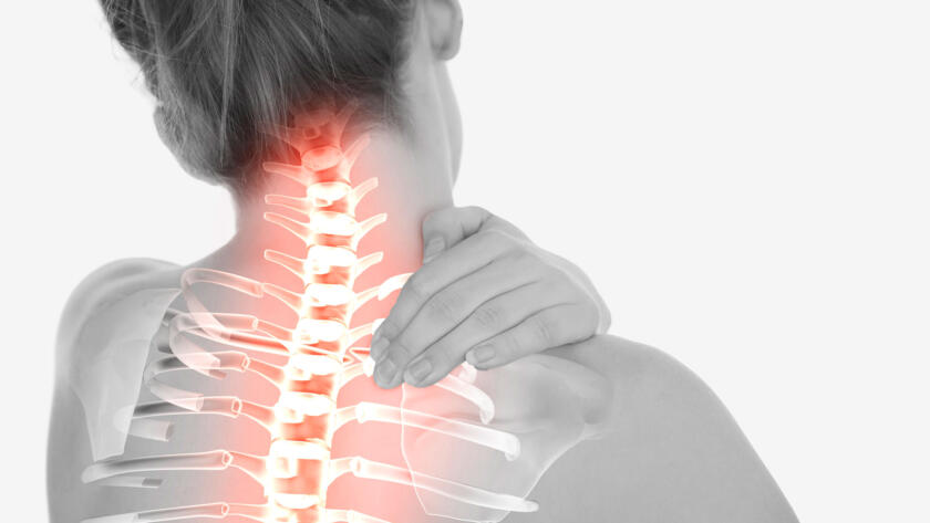 Neck and spine pain highlighted in red anatomical overlay