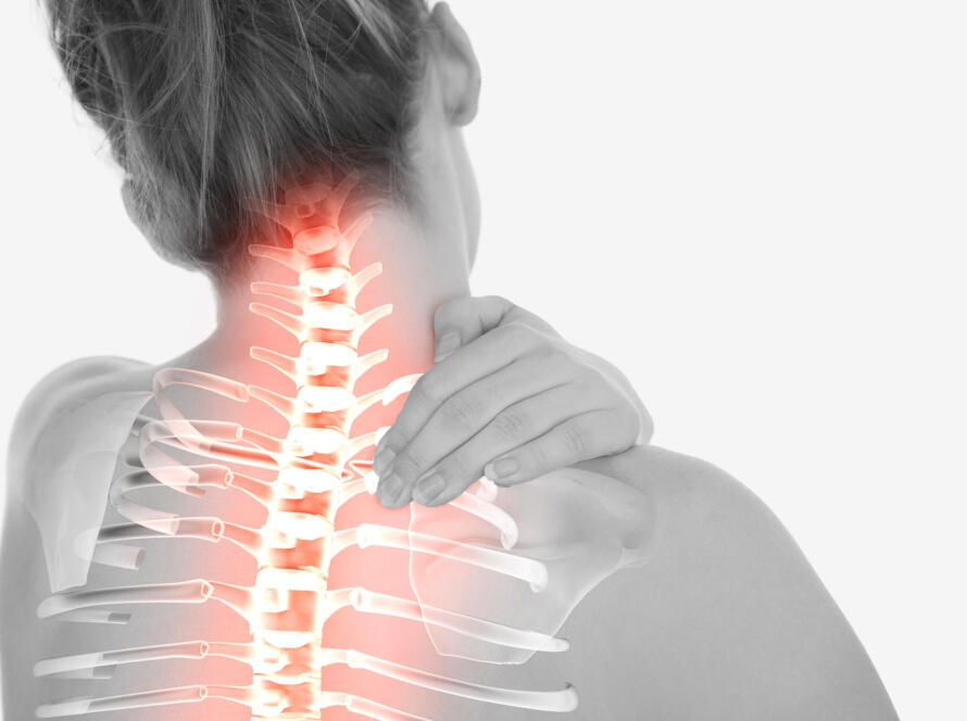 Neck and spine pain highlighted in red anatomical overlay